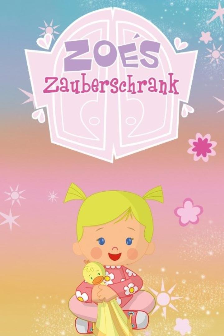 Eine Cartoon-Darstellung von „Zoés Zauberschrank“ mit einem kleinen Mädchen, das eine Ente hält.