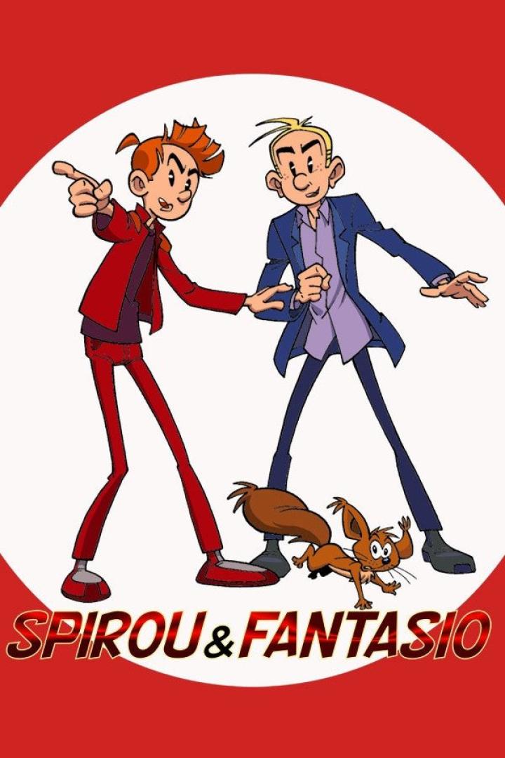 Die Comicfiguren Spirou und Fantasio stehen mit einem Eichhörnchen vor einem roten Hintergrund.