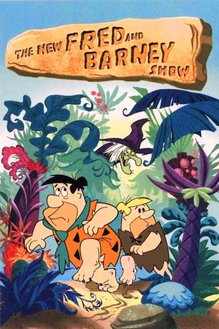 Fred Feuerstein und Barney Geröllheimer in „The New Fred and Barney Show“, mit einer Hexe im Hintergrund.