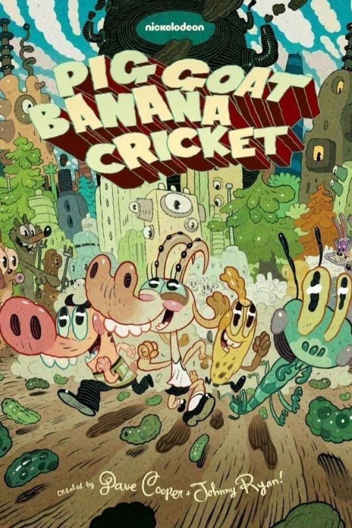 Das animierte Nickelodeon-Logo für „Pig Goat Banana Cricket“ mit den vier Hauptfiguren.