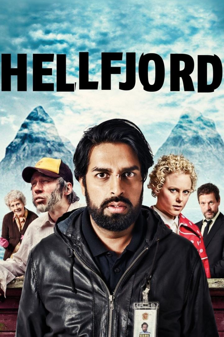 Das Filmplakat zu „Hellfjord“ zeigt mehrere Charaktere vor einer Bergkulisse.