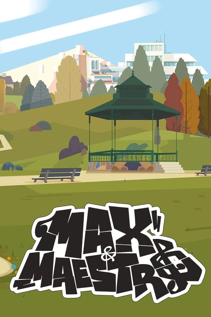 Eine stilisierte Darstellung eines Parks mit einem Pavillon und dem Schriftzug „Max & Maestro“.