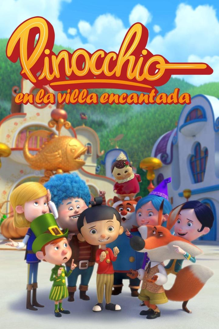 Das Filmplakat für „Pinocchio in der verzauberten Villa“ zeigt Pinocchio und seine Freunde vor einer Fantasielandschaft.