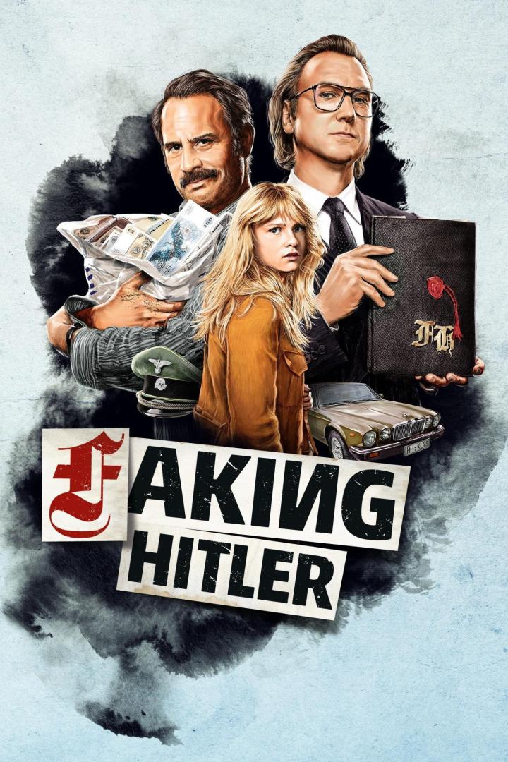 Das Filmplakat zu „Faking Hitler“ zeigt drei Personen, Geld, eine Auto und eine Hitler-Tagebuch.