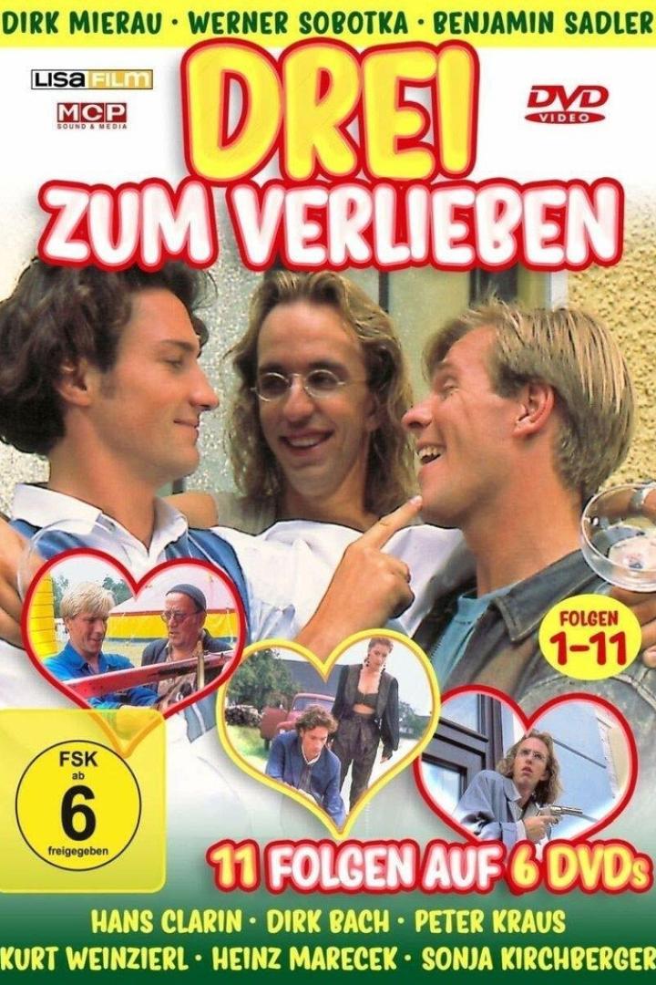 Das DVD-Cover der Komödie „Drei zum Verlieben“ mit Dirk Mierau, Werner Sobotka und Benjamin Sadler.