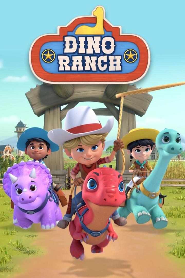 Das Logo der „Dino Ranch“ mit den drei jungen Reitern und ihren Dinosaurier-Freunden.