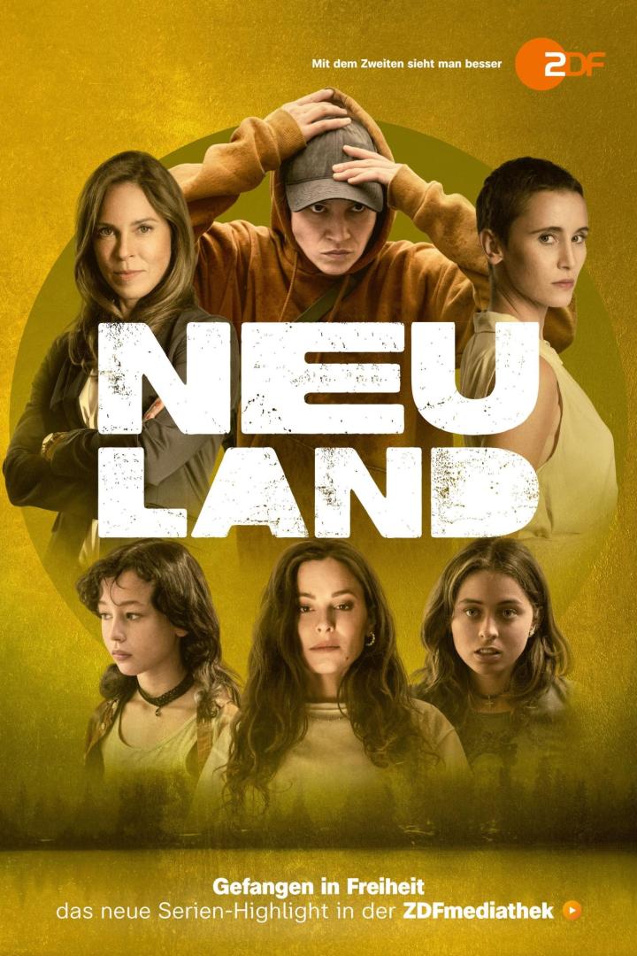 Das Poster zur ZDF-Serie „Neuland“ zeigt sechs Frauen unterschiedlichen Alters vor gelbem Hintergrund.