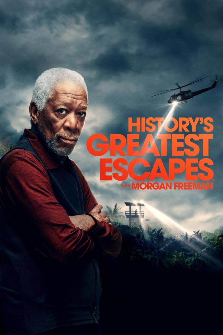 Das Filmplakat für „History's Greatest Escapes“ mit Morgan Freeman zeigt einen Hubschrauber über einem Dschungel.