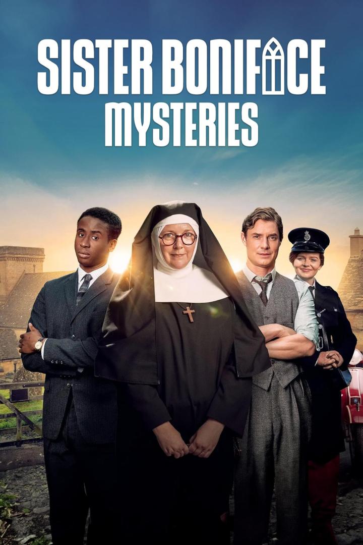 Die Hauptfiguren der Serie „Sister Boniface Mysteries“ vor einer ländlichen Kulisse.