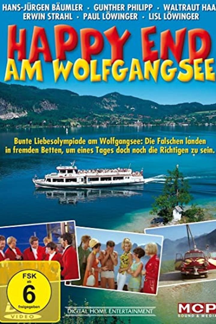 Das Filmplakat für „Happy End am Wolfgangsee“ zeigt eine bunte Szene am See.