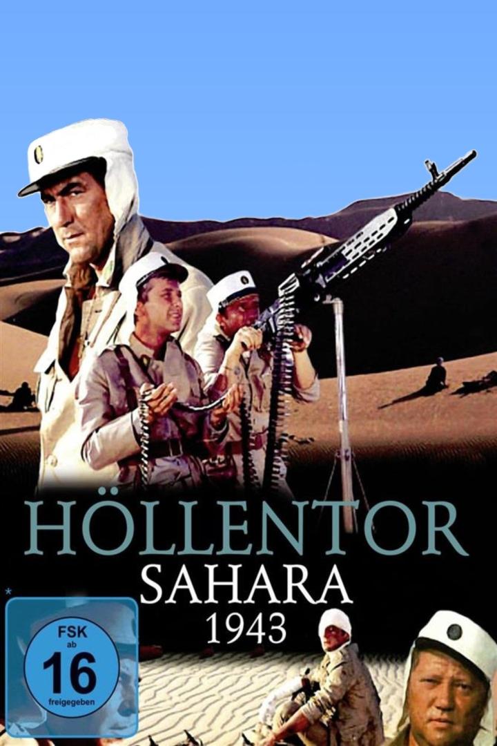 Das Filmplakat für „Höllentor Sahara 1943“ zeigt Soldaten in der Wüste mit einem Maschinengewehr.