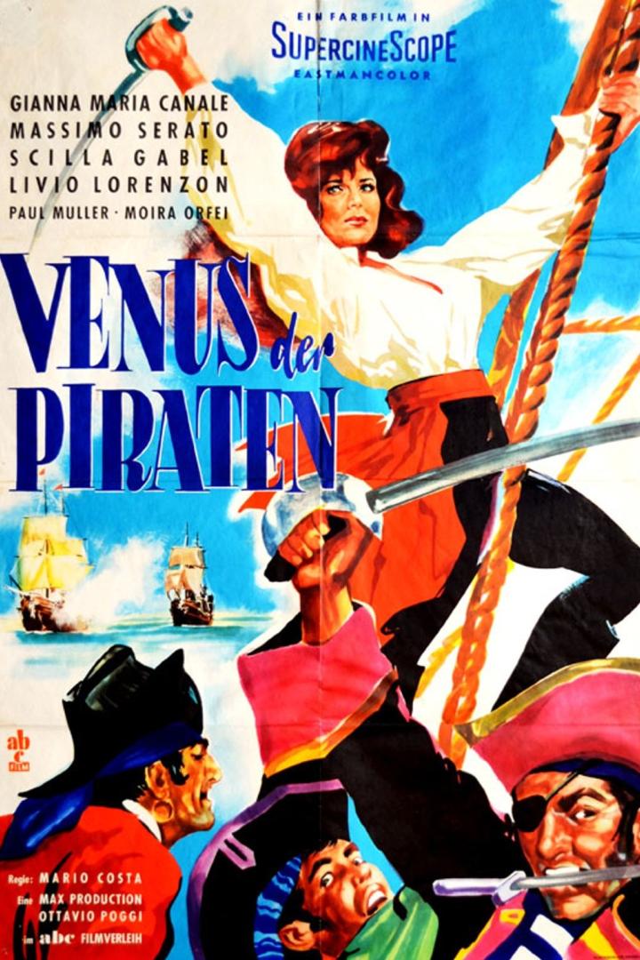 Das Filmplakat für „Venus der Piraten“ zeigt eine Frau mit Schwert und mehrere Piraten.