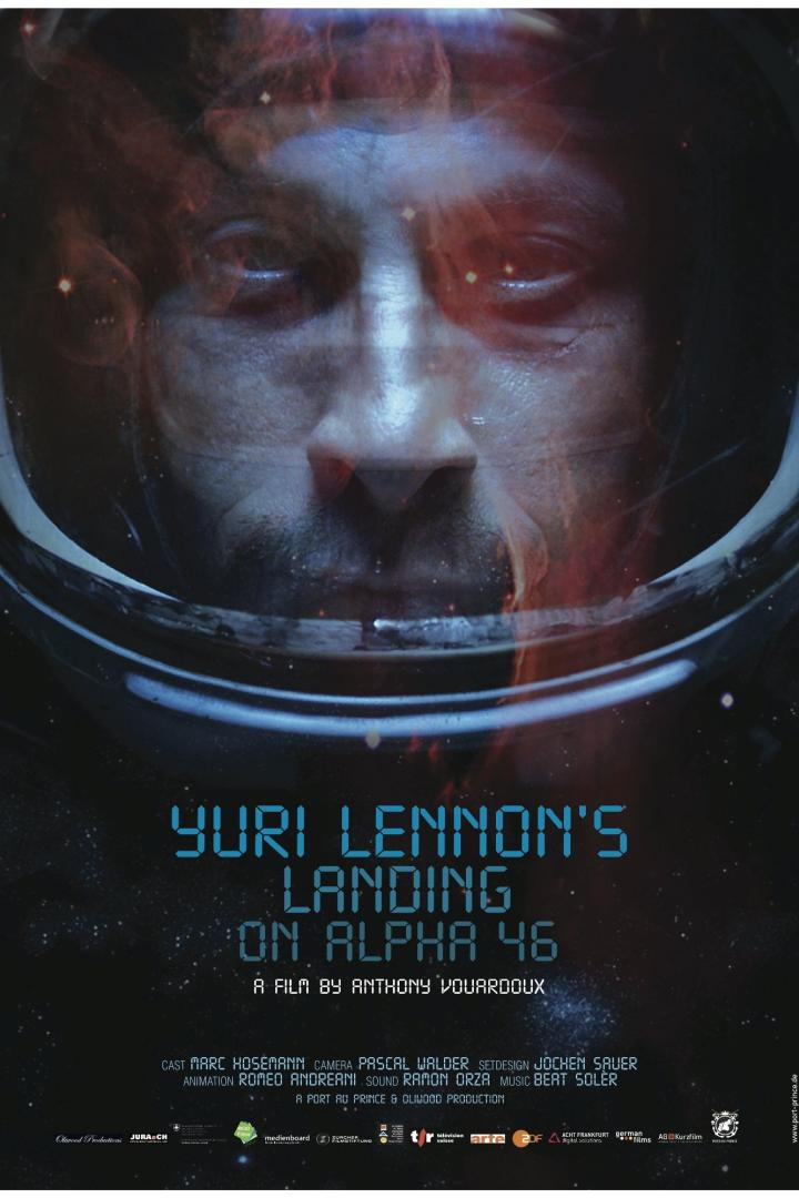 Ein Filmposter für „Yuri Lennon's Landing on Alpha 46“ zeigt das Gesicht eines Astronauten im Helm.