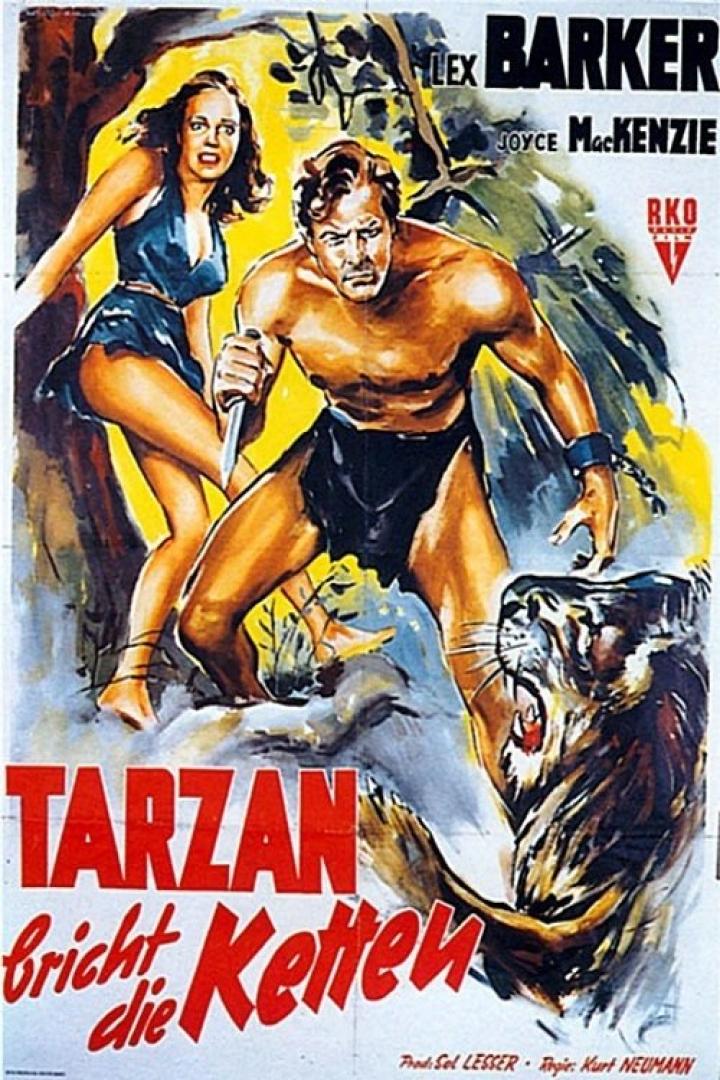 Auf dem Filmplakat zu „Tarzan bricht die Ketten“ bedroht ein Tiger Tarzan und eine Frau.