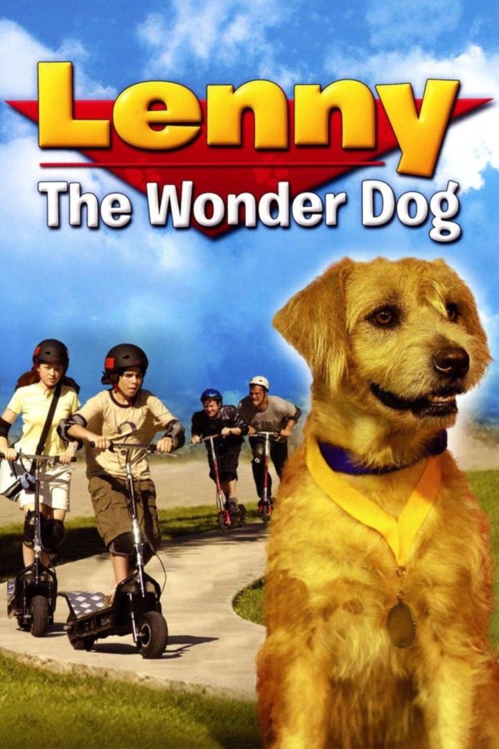 Das Filmplakat für „Lenny the Wonder Dog“ zeigt einen Hund mit Medaille und Kinder auf Rollern.