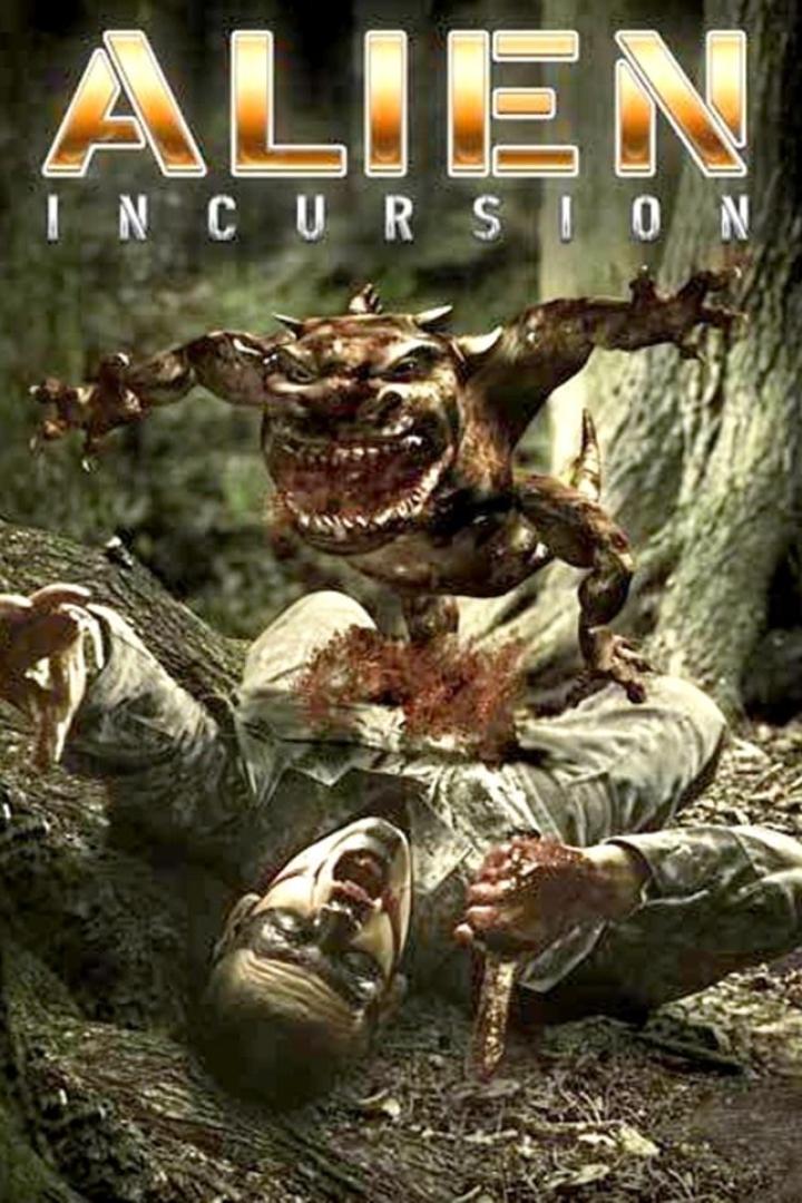 Ein Monster steht über einem toten Mann im Wald, Titel des Films ist „Alien Incursion“.