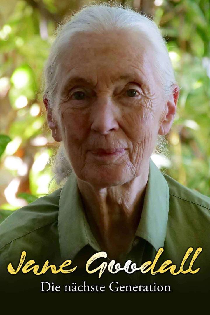 Ein Porträt von Jane Goodall vor einem grünen Hintergrund.