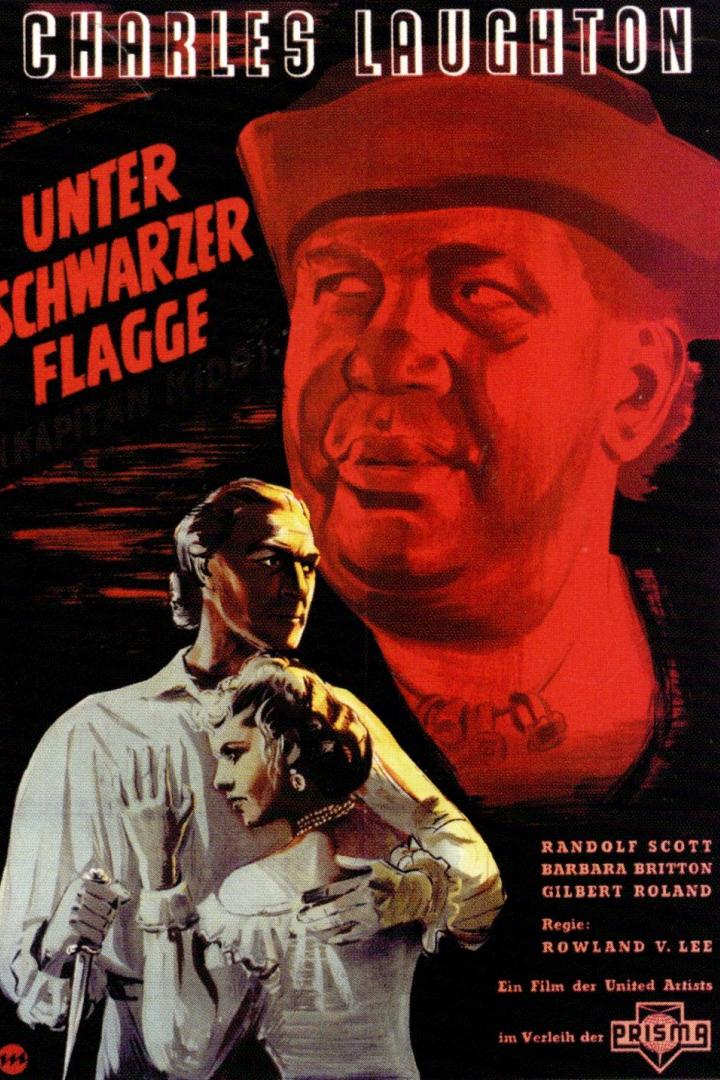 Das Filmplakat für „Unter Schwarzer Flagge“ mit Charles Laughton als Kapitän Kidd.