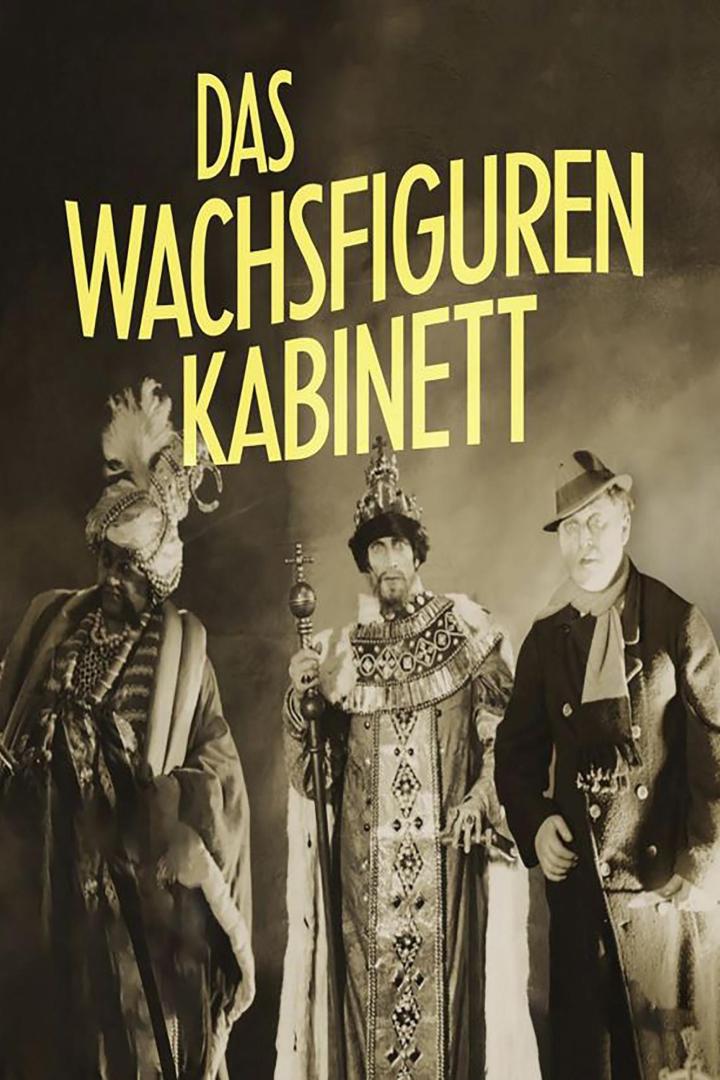 Plakat für den Stummfilm „Das Wachsfigurenkabinett“ mit drei unheimlichen Figuren.
