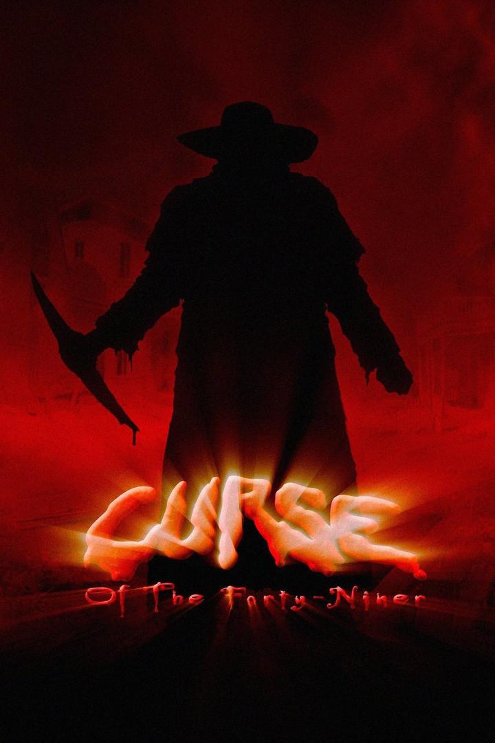 Ein dunkler Mann mit Hut und Spitzhacke auf dem Filmplakat zu „Curse of the Forty-Niner“.