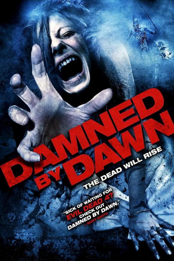 Das Filmplakat für „Damned by Dawn“ zeigt eine schreiende Frau und Zombies.