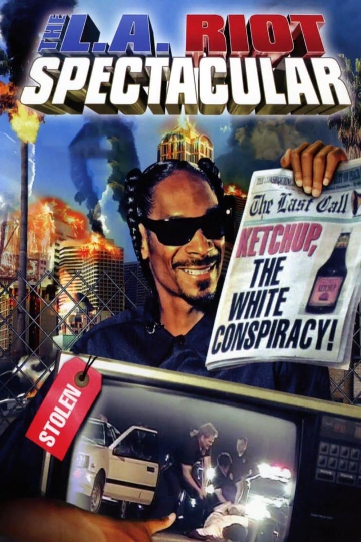 Snoop Dogg hält eine Zeitung mit der Schlagzeile „Ketchup, die weiße Verschwörung!“ vor dem Hintergrund der L.A. Riots.