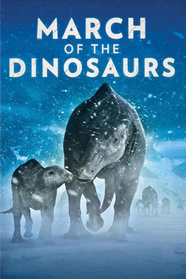 Das Filmplakat zu „March of the Dinosaurs“ zeigt eine Dinosaurierherde im Schnee.