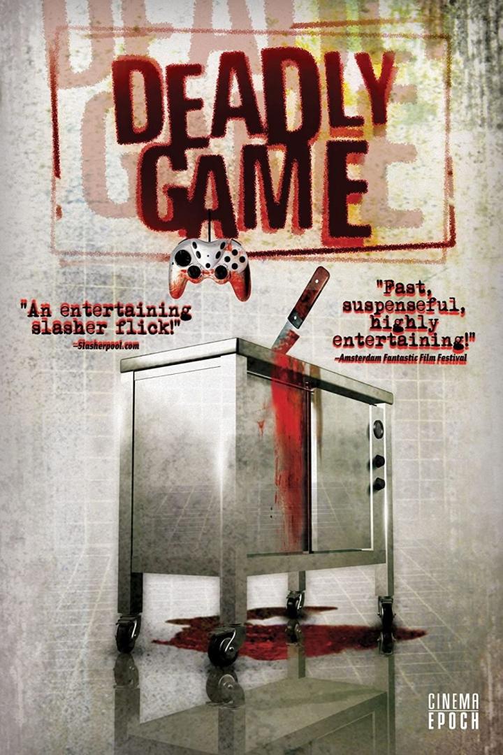 Das Filmplakat für „Deadly Game“ zeigt einen blutigen Schrank mit einem Messer und einem Gamecontroller.