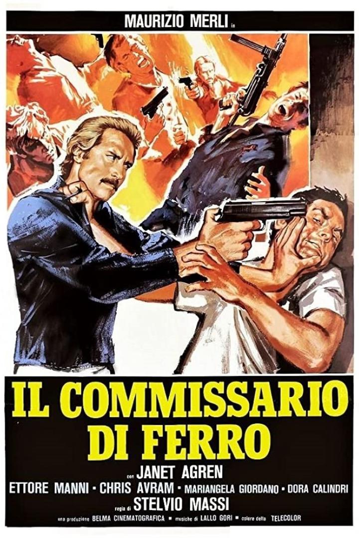 Das Filmplakat für „Il Commissario di Ferro“ zeigt einen Mann, der einem anderen eine Pistole an den Kopf hält.