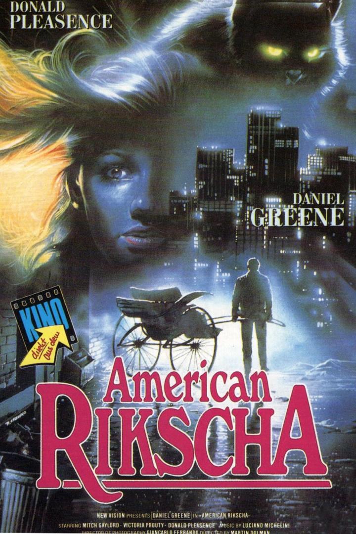 Das Filmplakat für „American Ricksha“ zeigt eine Frau, eine Katze und einen Mann mit einer Rikscha vor einer Stadtkulisse.