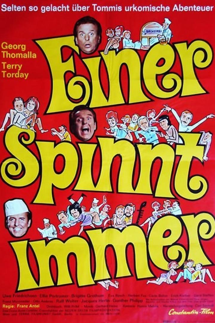 Das Filmplakat für „Einer spinnt immer“ mit Georg Thomalla und vielen Comicfiguren.