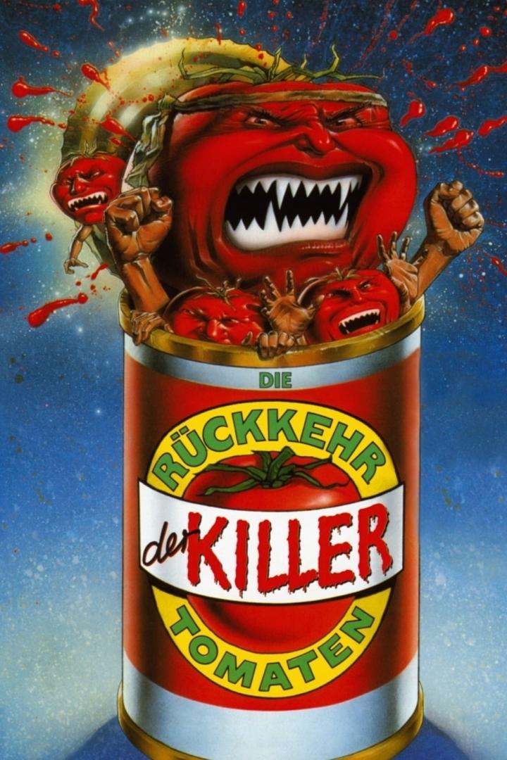 Das Filmplakat für „Die Rückkehr der Killer Tomaten“ zeigt aggressive Tomaten in einer Dose.