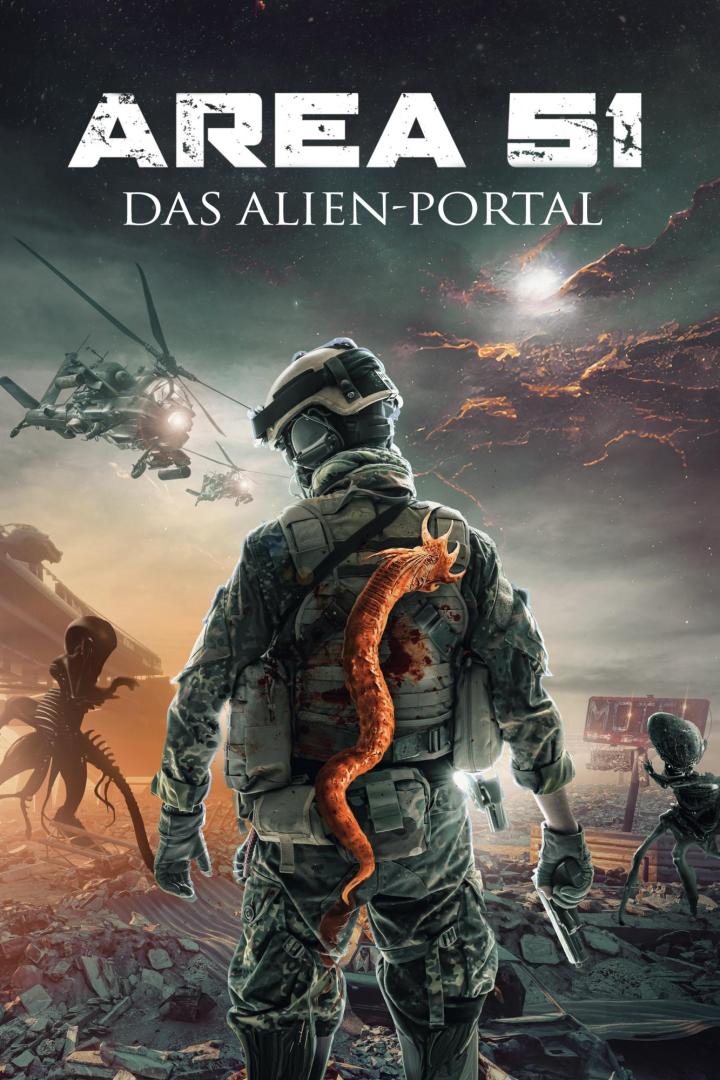 Ein Soldat steht inmitten einer zerstörten Landschaft, mit einem Alien-Parasiten auf dem Rücken und Aliens im Blickfeld.