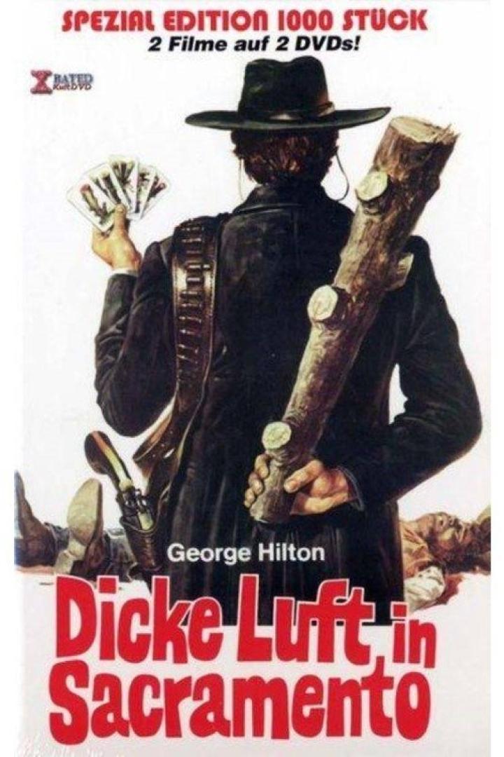 Das Cover des Films „Dicke Luft in Sacramento“ mit George Hilton als Cowboy mit Baumstamm und Spielkarten.