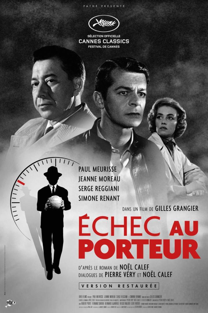 Das Filmplakat für „Échec au porteur“ mit Paul Meurisse, Jeanne Moreau, Serge Reggiani und Simone Renant.