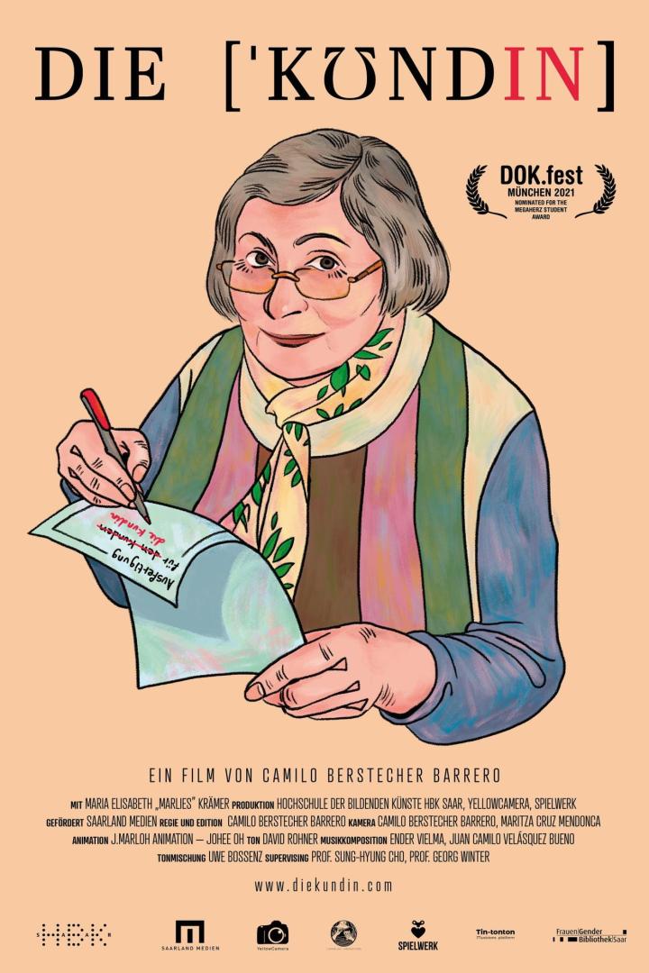 Das animierte Filmplakat für „Die Kundin“ zeigt eine Frau, die etwas auf ein Blatt Papier schreibt.