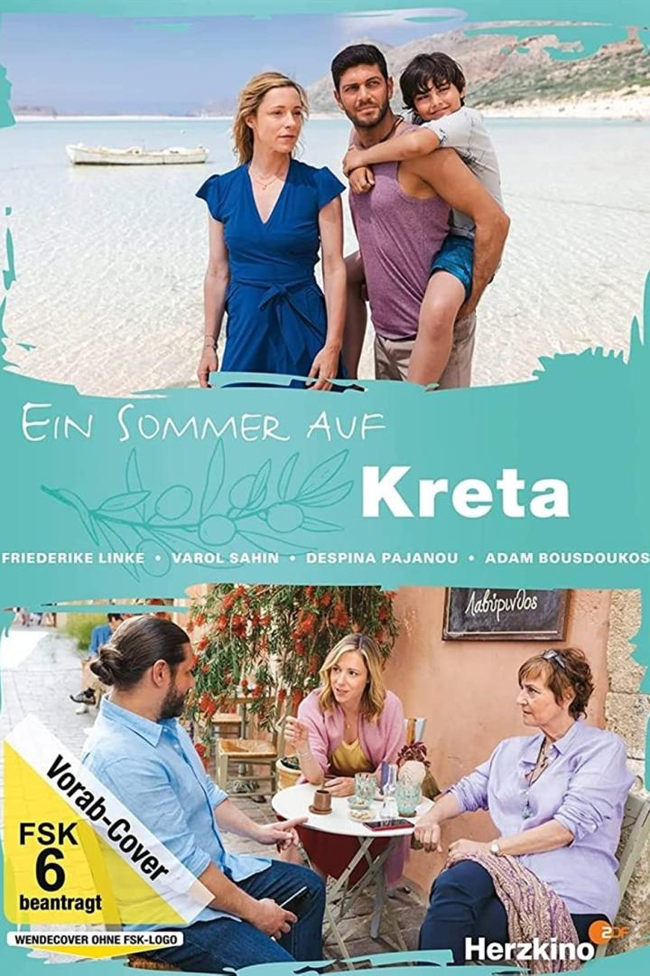 Das Filmplakat für „Ein Sommer auf Kreta“ zeigt eine Familie am Strand und drei Personen in einem Café.