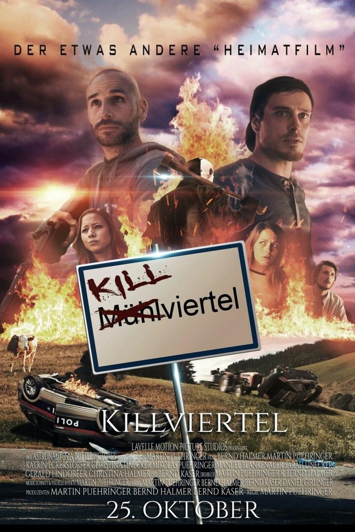 Das Filmplakat für „Killviertel“ zeigt eine Szene mit brennenden Objekten und mehreren Darstellern.