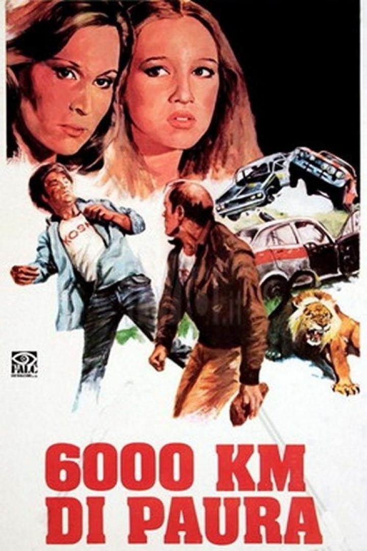 Das Filmplakat für „6000 KM di Paura“ zeigt Menschen, Autos und einen Löwen in Gefahr.