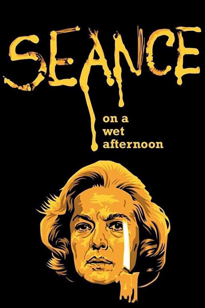 Das Filmplakat für „Séance on a Wet Afternoon“ zeigt das stilisierte Porträt einer Frau mit einer Kerze.