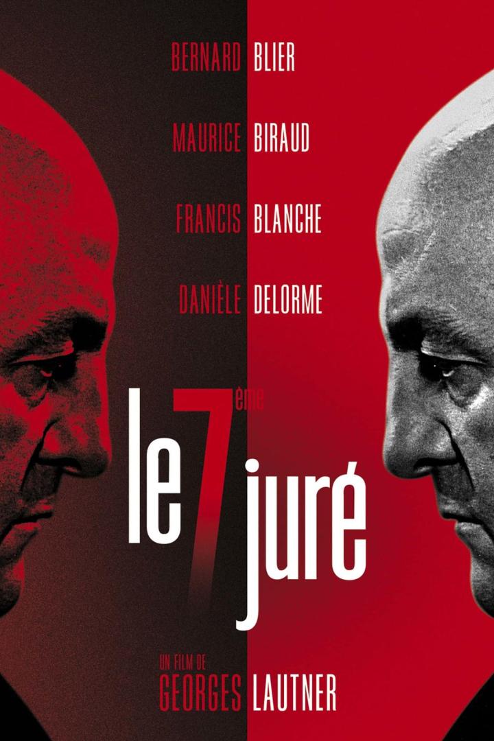Das Filmplakat für „Le 7ème juré“ zeigt zwei Männerprofile vor rotem Hintergrund.