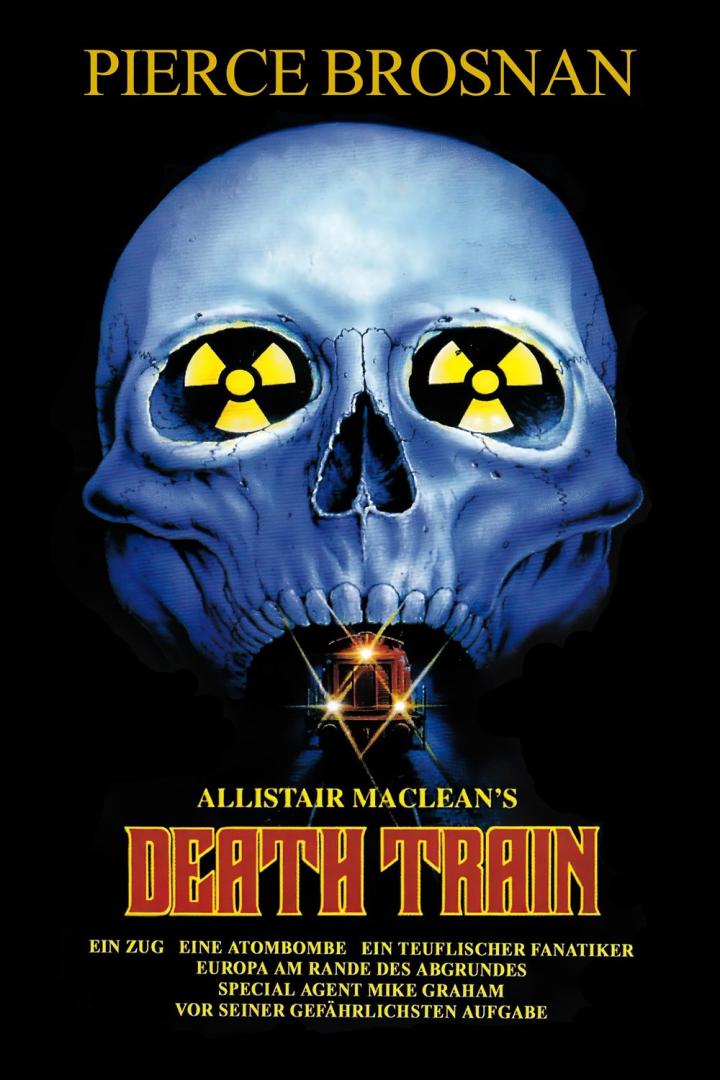 Das Filmplakat für „Death Train“ zeigt einen Totenkopf mit Atomzeichen in den Augen und einen Zug im Mund.