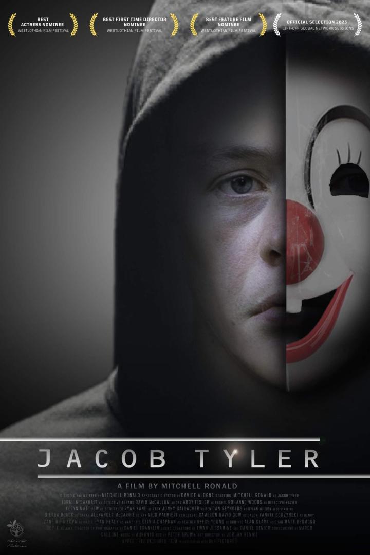 Das Filmplakat für „Jacob Tyler“ zeigt ein Gesicht, das zur Hälfte von einer Clown-Maske bedeckt ist.