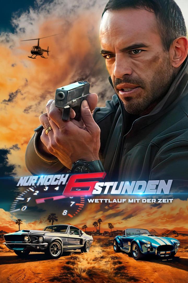 Ein Mann zielt mit einer Pistole vor dem Hintergrund eines Actionfilms mit schnellen Autos und einem Hubschrauber.