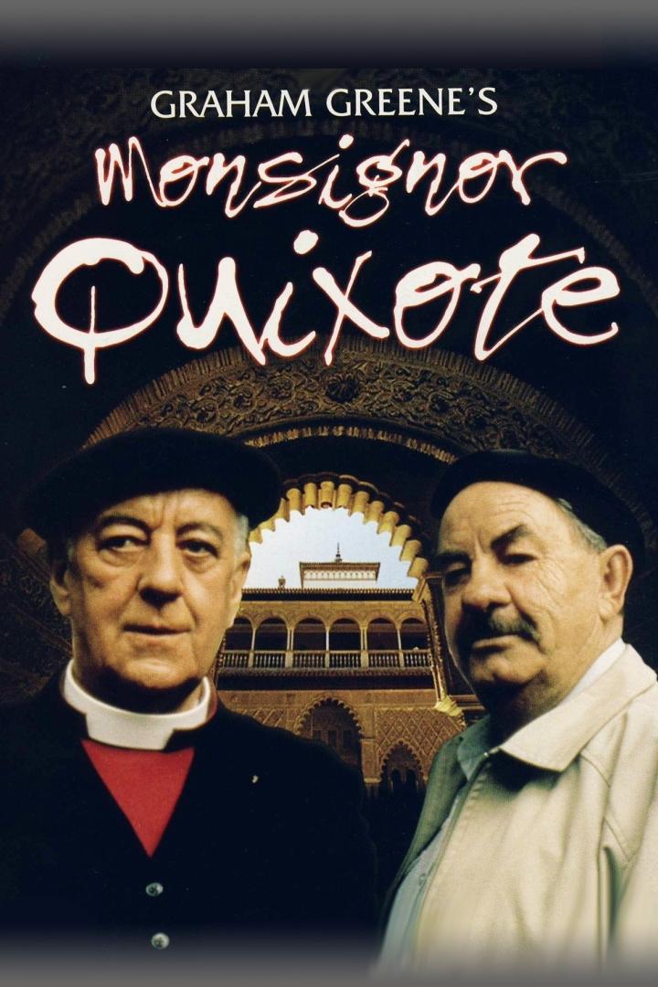 Das Filmplakat für Graham Greenes „Monsignor Quixote“ zeigt zwei Männer vor einem Gebäude.