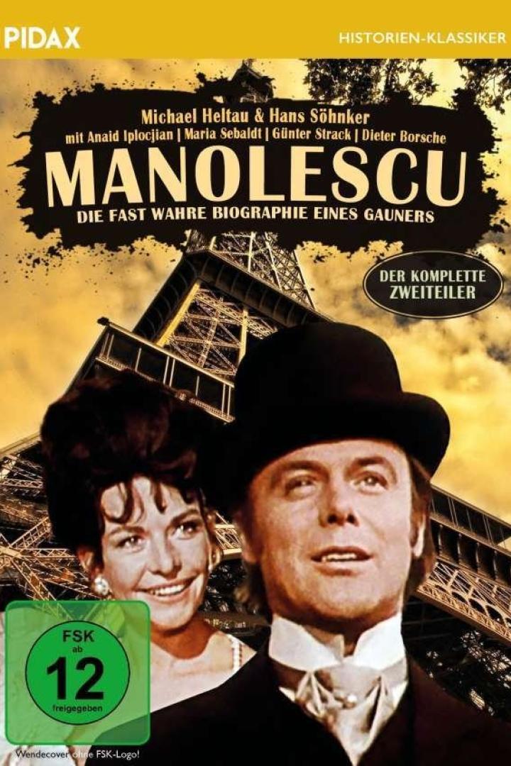 Das Cover des Films „Manolescu – Die fast wahre Biographie eines Gauners“ mit Schauspielern vor dem Eiffelturm.