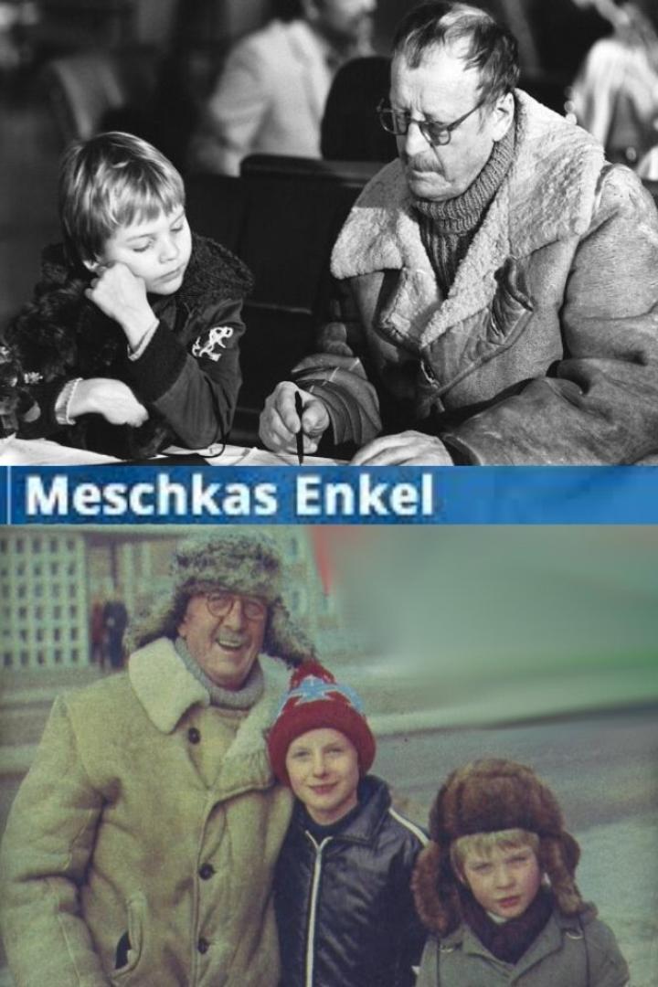 Szenen aus dem Film „Meschkas Enkel“ mit einem älteren Mann und zwei Jungen.