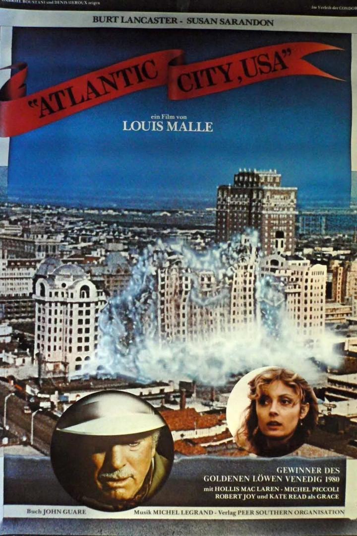 Das Filmplakat für „Atlantic City, USA“ mit Burt Lancaster und Susan Sarandon vor der Skyline der Stadt.