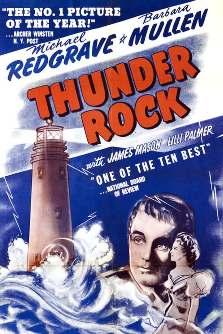 Das Filmplakat für „Thunder Rock“ mit Michael Redgrave und Barbara Mullen vor einem Leuchtturm.