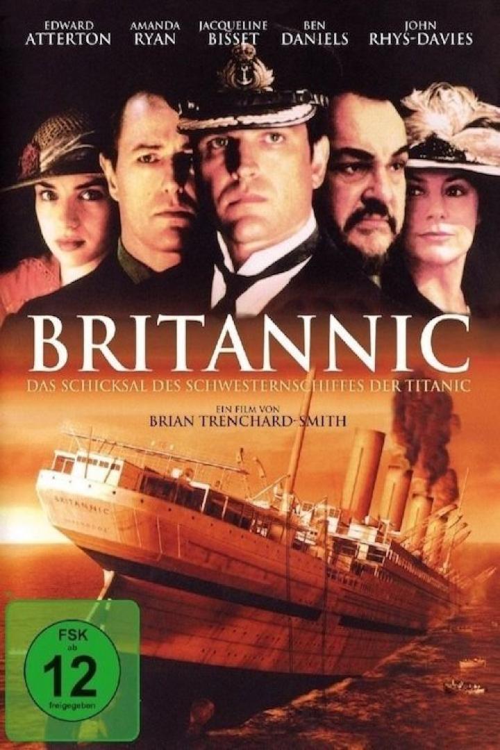 Das Filmplakat für „Britannic“ zeigt das sinkende Schiff und die Hauptdarsteller.